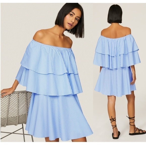 TOME 70s Off The Shoulder Striped Cotton Tiered Ruffle Short Sleeve Mini Dress 0 - Picture 2 of 7